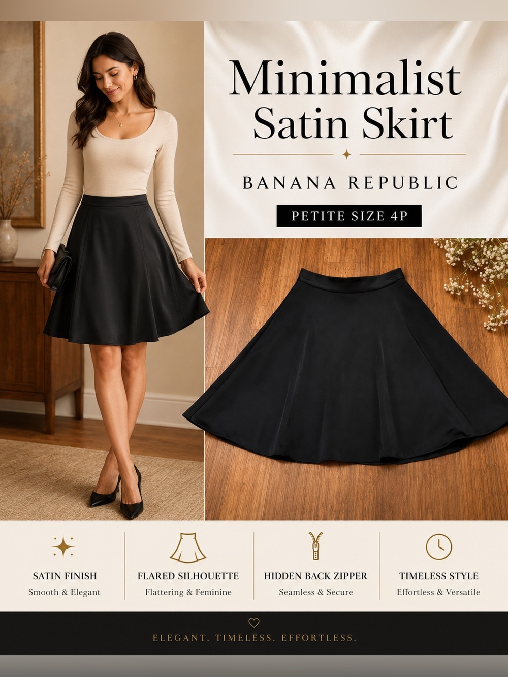 Banana Republic Black Satin Full Circle Skirt Size 4P Minimalist Chic